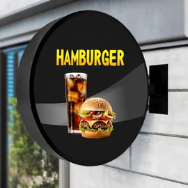 kétoldalas kerek cégér fekete - hamburger - világító