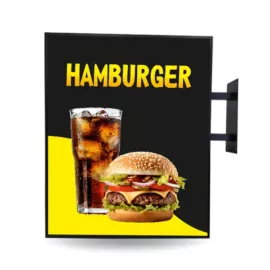 kétoldalas szögletes cégér fekete-sárga - hamburger - világító