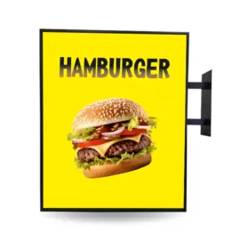 kétoldalas szögletes cégér sárga - hamburger - világító