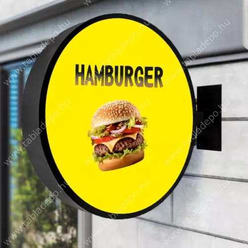 kétoldalas kerek cégér sárga - hamburger - világító